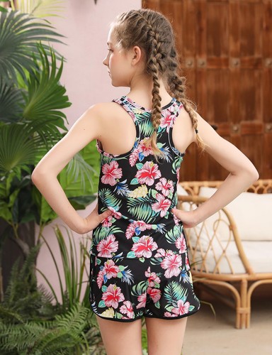 Girls Swimsuit Size 14 15 Hawaiian Floral Bathing Suit 3 Piece Tankini with S... - Picture 2 of 3