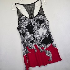 Linea Donatella Chemise Womens XL Black Red Paisley Floral Lace Flowy Nightgown