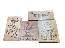 Wooden Rubber Stamps Baby Theme Set Crafts Bow Clipart Infant Fun Set