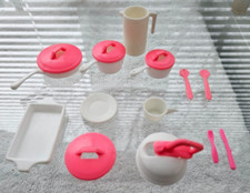 VINTAGE BARBIE DREAM HOUSE DISHES PINK WHITE PANS UTENSILS PITCHER 16 PIECES