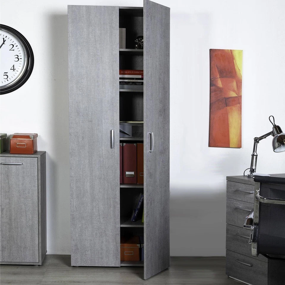 Mobile Armadio Studio Ufficio 6 Ripiani Multiuso con 2 Ante Cemento 69x35x201h - Immagine 2 di 4