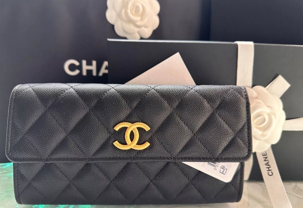 New CHANEL 23B Classic Flap Large Long Wallet Caviar Leather BIG Gold CC Bag