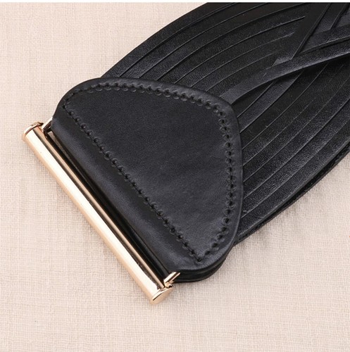Women Real Leather Braided Waist Belt Gold Buckle Elastic Stretch Wide Waistband - Picture 22 of 54