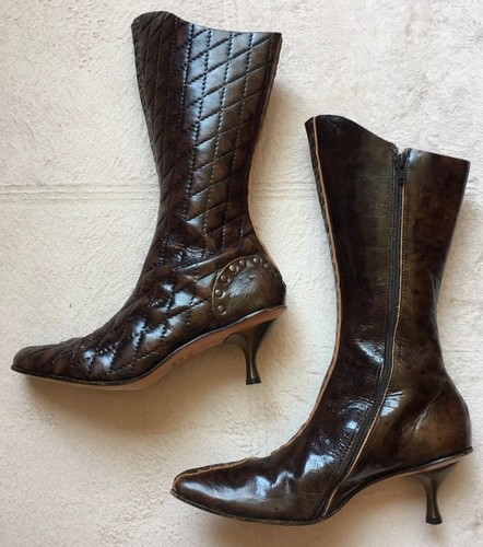 CYDWOQ Vintage Leather Boots, Women's Sz 38 Hand Made, Brown Quilted, Pointy Toe - 第 2/12 張圖片
