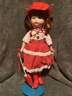 Marian YU Design Doll Girl Red White Dress With Umbrella Rain Boots 14'' New NRFB