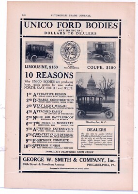 1915 George W. Smith Company Ad: UNICO Bodies for Fords - Philadelphia, PA