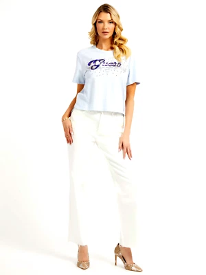GUESS W3GI33 KB3P0 SS CN SATIN LOGO TEE TSHIRT MAGLIETTE COTON G7S1 AIRWAY BLEU - Photo 1/4