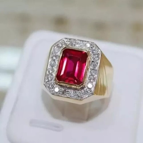 Lab Created Red Ruby Wedding Men's Ring 14K Yellow Gold Plated - Picture 2 of 5