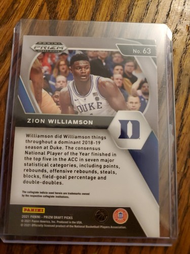 2021-22 Panini Prizm Draft Picks Veteran Base Zion Williamson 63 Duke Pelicans - Picture 2 of 2