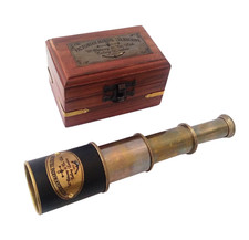 Antique Finish 4 fold 7" Victorian Marine Brass Telescope with Wood Box