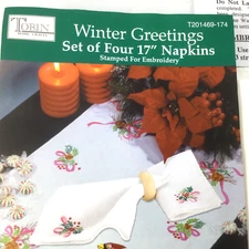 Tobin Winter Greeting Set of 4 17" Napkins Stamped for Embroidery New