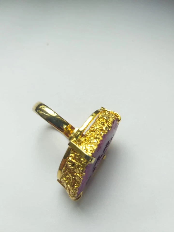 Anel de ágata drusa folheado a natural pedra preciosa geodo fatia de borda de ouro joias da moda - Imagem 3 de 4