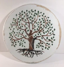 Round Wood Hand Painted Tree Plaques 13” Rustic W Wire Hanger