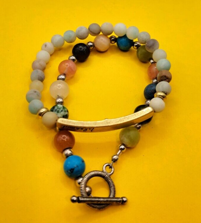 Bracelet Stretch W/ Engravable Plate W 2nd pcs Stone Gem 6mm beads Vtg