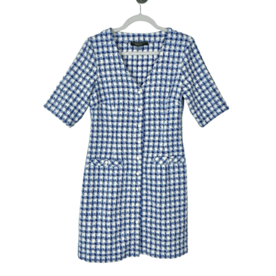 Melonie T Tweed Dress Womens Size 10 Blue White Pattern Button Front Work  Preppy | eBay