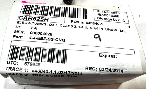 Lot of 9x PARKER 4-4 EBZ-SS 1/4" CPI 316 SS Union Elbow - Picture 3 of 3