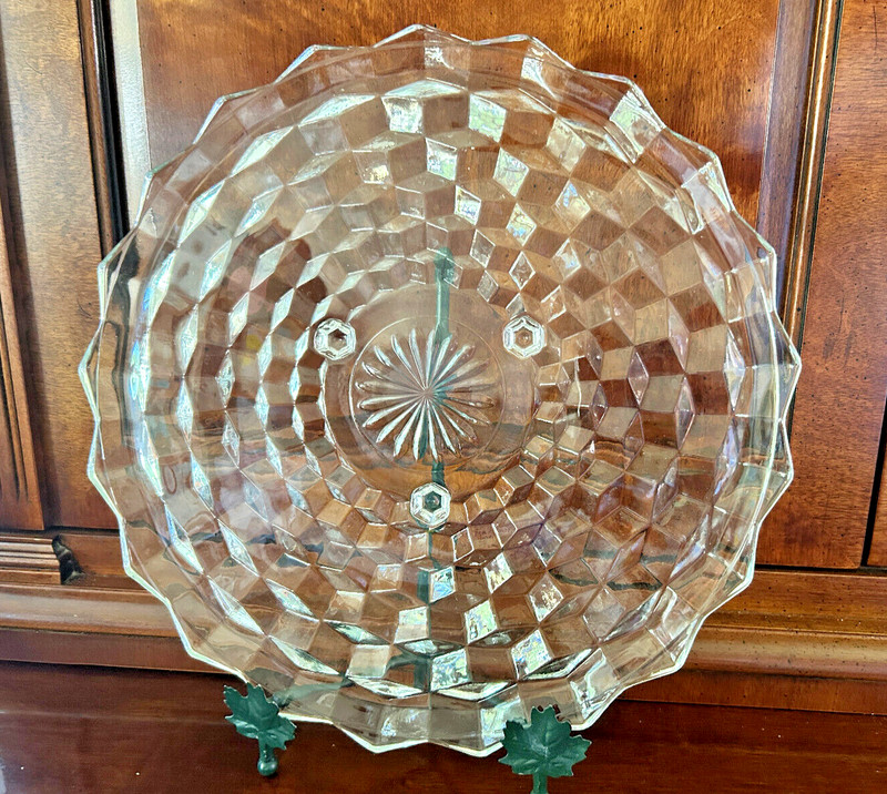 VINTAGE AMERICAN FOSTORIA GLASS  CAKE PLATE PLATTER 12'' CUBIST Footed