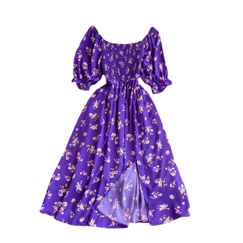 Women Puff Short Sleeve Floral Dress Midi Split Square Neck Ruffle Beach New - Picture 2 of 22