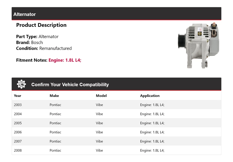 Alternador Bosch Pontiac Vibe 2003-2008 1,8 L L4 (remanufacturado) 2004 2005 Foto 2 de 4