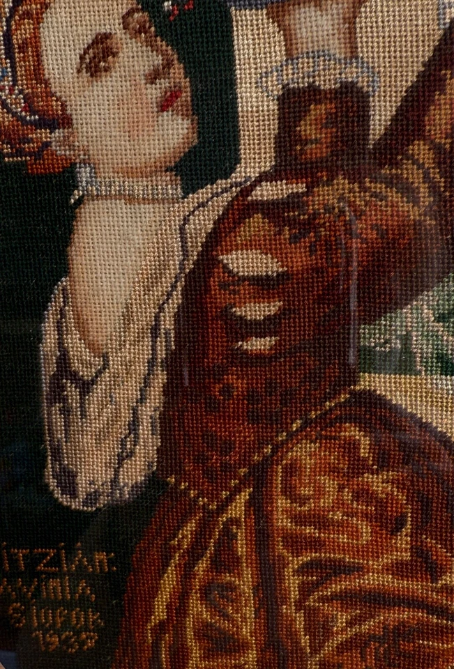 Antiguo Petit Point de colección enmarcado en marco dorado rococó 1939 ZZ437 Foto 4 de 4