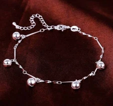 925 Sterling Silver Women's Chain Adjustable Bells Anklet Ankle Bracelet D689