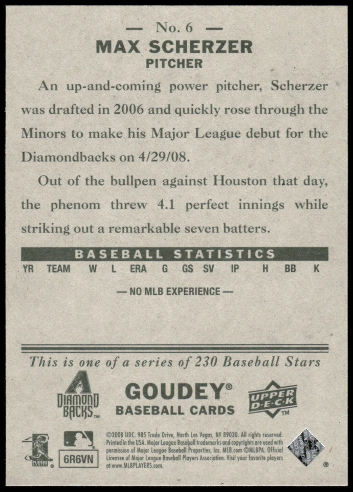 Tarjeta de novato Max Scherzer 2008 Upper Deck Goudey #6 radiocontrol Foto 2 de 2
