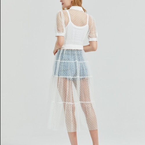 Lady Ruffle Sheer Dress Midi Mesh See Through Button Short Sleeve Swing Skirt - Picture 15 of 23