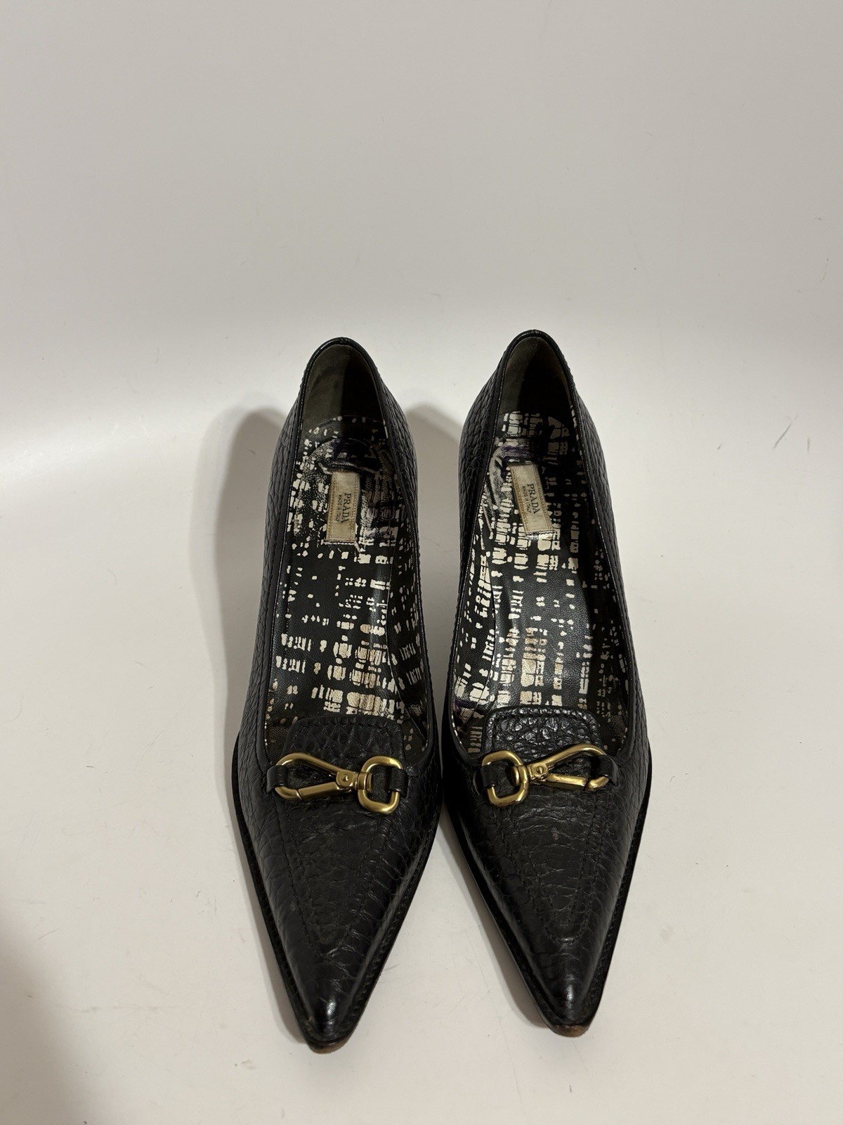 Vtg Prada Black Croc-Embossed Leather Gold Carabiner Heels 36.5