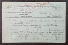 1893 London & North Western Railway Manchester to Crudgington Goods Dept. Memo