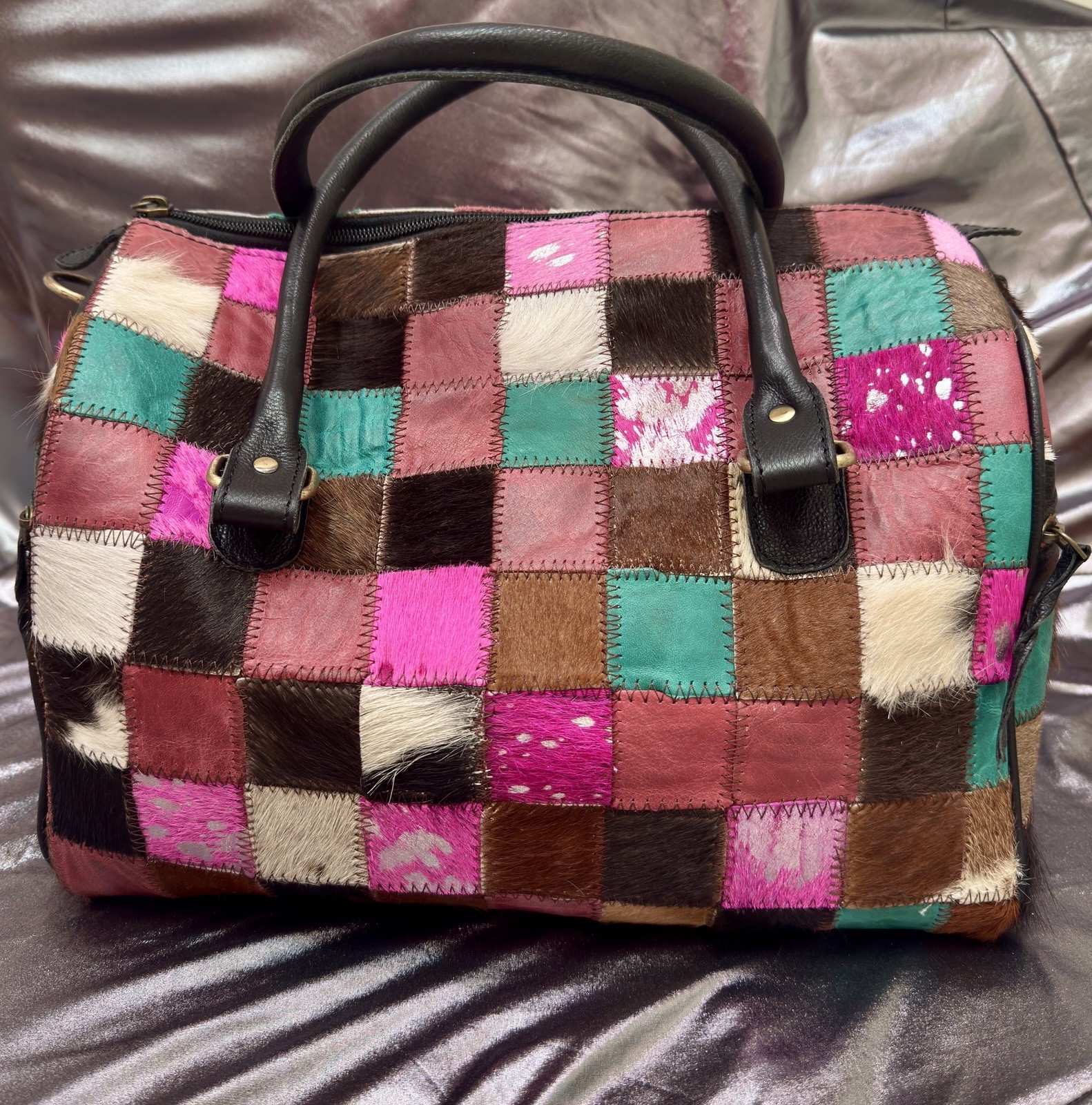 Cowhide Multicolor Patchwork Barrel Handbag Tote - image 1