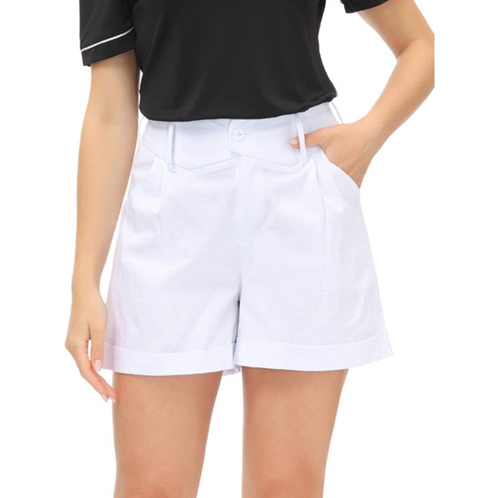 Belle Poque Womens White High Waisted Pleated Dressy Shorts Retro Cuffed NEW