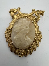Vintage Gold Tone Carved Cameo Brooch Victorian Revival Portrait Pin