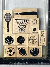 Stampin Up Have A Ball Sports Themed Wood Rubber Stamps Football Soccer Tennis