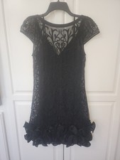 black Guess Floral-Lace Ruffled-Hem Sheath dress.
