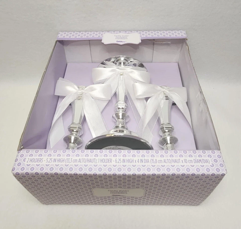 NUEVO Candelabros Wilton Unity Plateados Cromo Recuerdo Cintas Blancas 3 piezas Foto 3 de 4