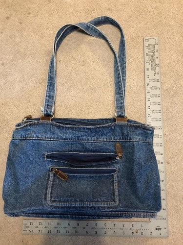 XL Blue Denim Shoulder Tote; Zip top and 2 pockets outside.