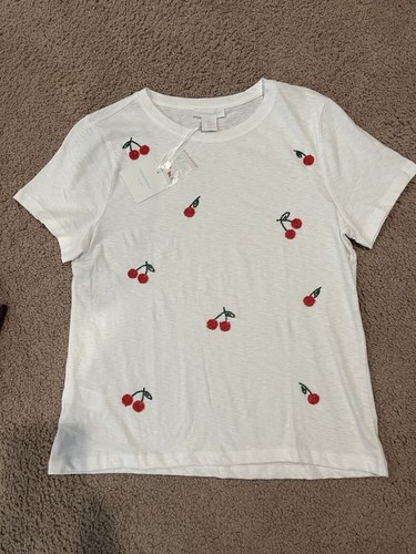 Cynthia Rowley Kirsche bestickt Rundhalsausschnitt weiß T-Shirt SMALL, neu mit Etikett