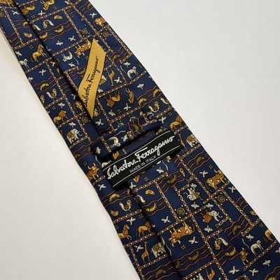 Salvatore Ferragamo Men's Silk Animal Blue/Gold/White Tie w/ Logo Italy