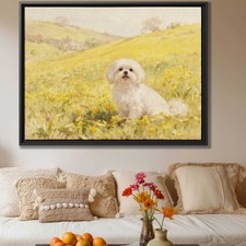 Maltese Watercolor Painting Dog Canvas Print Floral Still Life Wall Art Decor