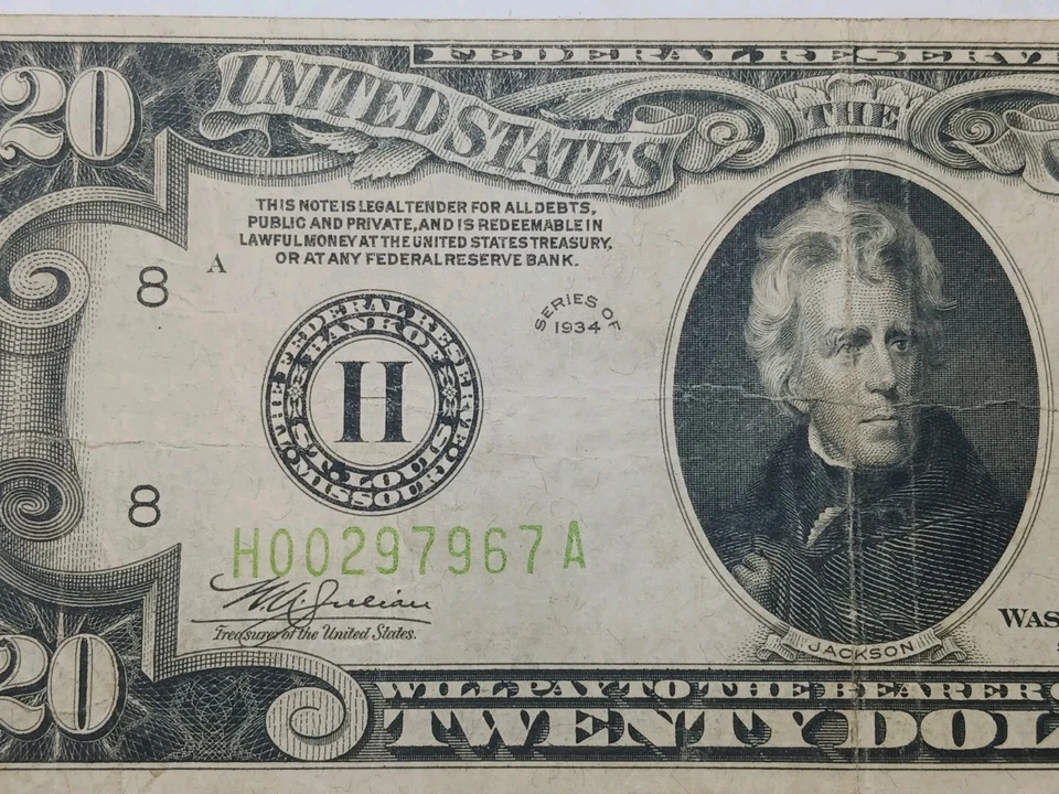 1934 Green Seal $20 Dollar  Federal Reserve Note FRN St. Louis Nice - Image 3 of 4