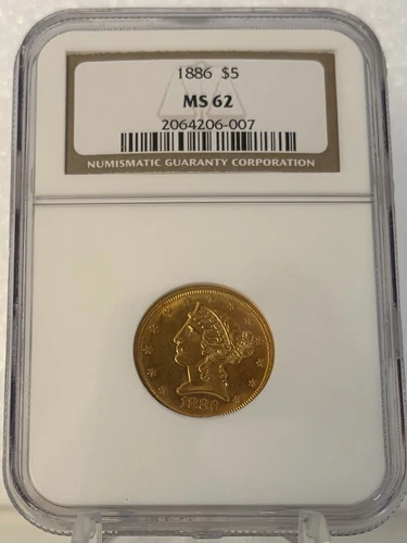 1886 (P) Liberty Head Gold $5 Coin NGC Certified MS 62