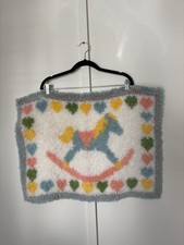 Vintage Handmade Latch Hook Rug Rocking Horse with Pastel Hearts - 26 x 20