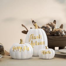 Fall Pumpkin Decorations Set - White Gold Resin Figurines for Table Mantel