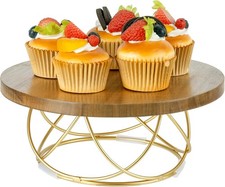 10 Inch Acacia Wood Cake Stand Gold Metal Dessert Display Riser Raised design