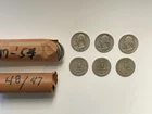 Silver Washington quarters, two rolls of forty, 1947 to 1954.