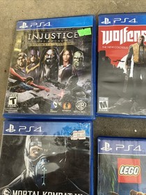 PS4 Video Game Lot 4 Wolfenstein 2,jurassic World,mortal Kombat Injustice D4