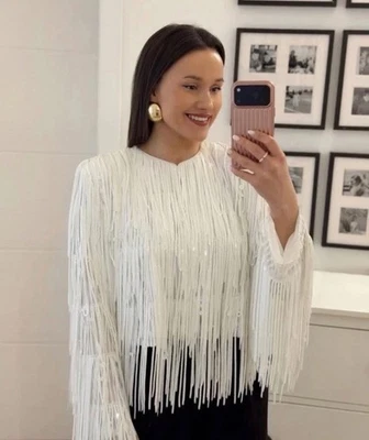ZARA 2026 ZW Collection White Sequin Fringe Jacket Size L 3210/040 Trendy - Image 1 of 4