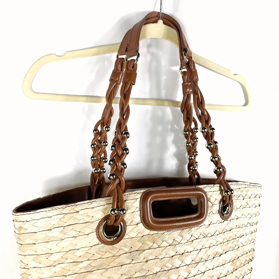 Bolso de Mano Maje Tejido Rafia Cesta Camel Natural Crema Correa de Cuero de Rafia Foto 4 de 4