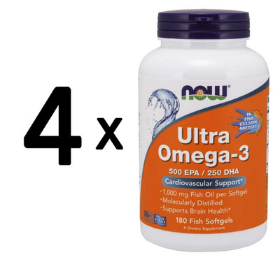4 x NOW Foods Ultra Omega-3 (Fish Gelatin) - 180 fish softgels (249,99 EUR/kg)