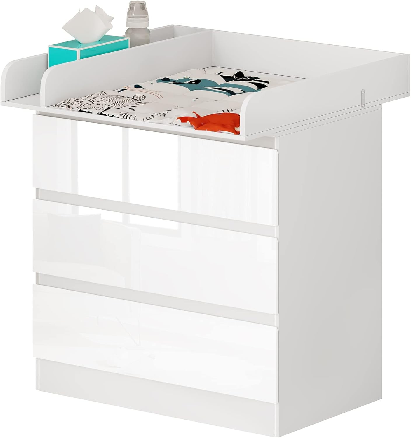 WOLTU Wickelkommode mit Wickelaufsatz Kommode mit 3 Schubladen Wickeltisch Weiß